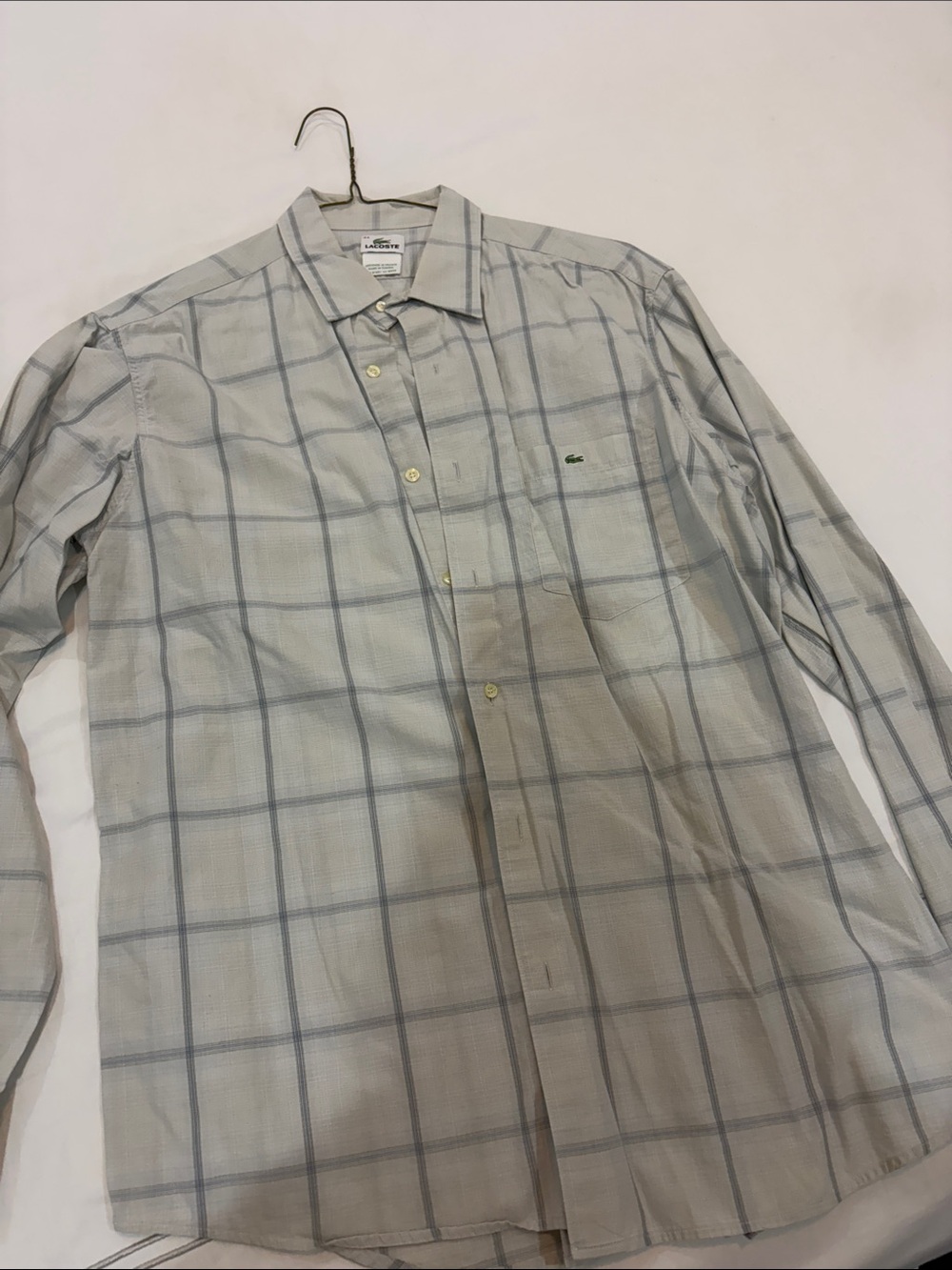 Lacoste Men's Long Sleeve Plaid Button-Down Shirt in White and Light Gray